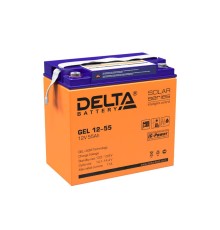 Батарея DELTA серия GEL, GEL 12-55, напряжение 12В, емкость 55Ач (разряд 10 часов),  макс. ток разряда (5 сек.) 550А, макс. ток заряда 11А, свинцово-кислотная типа AGM+GEL, клеммы под болт М6, ДxШxВ 228х137х214мм., вес 16.7кг., LCD, срок службы 10-12 лет.