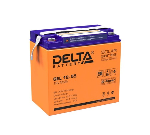 Батарея DELTA серия GEL, GEL 12-55, напряжение 12В, емкость 55Ач (разряд 10 часов),  макс. ток разряда (5 сек.) 550А, макс. ток заряда 11А, свинцово-кислотная типа AGM+GEL, клеммы под болт М6, ДxШxВ 228х137х214мм., вес 16.7кг., LCD, срок службы 10-12 лет.