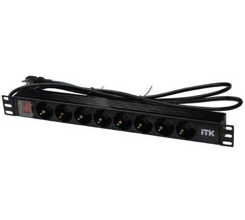 Панель питания распределительная ITK PDU 8 роз. нем.ст. с выкл 1U каб.2м вилка нем.ст ПВХ чер