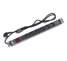  Cabeus PDU-6P-F-2EU Блок евророзеток для 19" шкафов, горизонтальный, 6 розеток, фильтр, 16 A, выключатель, шнур 2м, алюминиевый корпус, немецкий стандарт