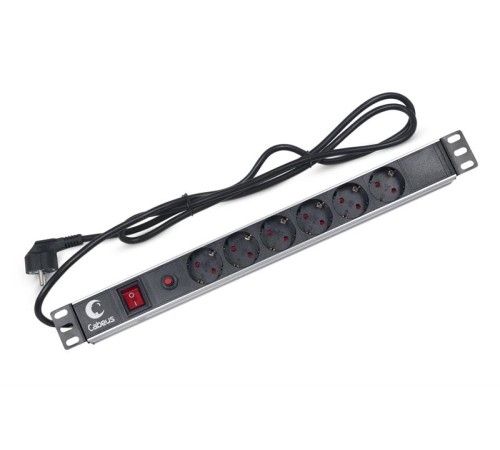 Cabeus PDU-6P-F-2EU Блок евророзеток для 19" шкафов, горизонтальный, 6 розеток, фильтр, 16 A, выключатель, шнур 2м, алюминиевый корпус, немецкий стандарт