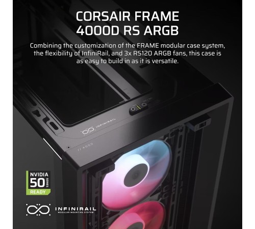 Корпус без блока питания/ Case Corsair Frame 4000D RS ARGB, Midi-Tower, TG, 3x120mm ARGB, 2xUSB-A 3.2, 1xUSB 3.2 Type-C, E-ATX, ATX, mATX, mITX Black