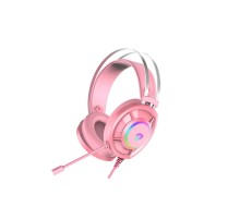 Гарнитура игровая проводная EH469 Pink (розовый), пара кошачьих ушек в комплекте, подсветка RGB, подключение USB, длина кабеля 2.4м