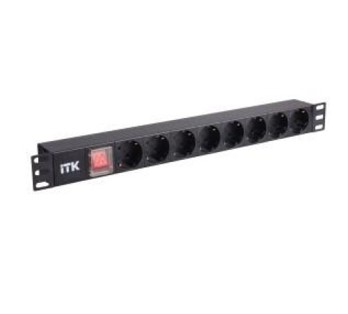 PDU 8 розеток нем. стандарт, с LED выключателем,1U, без шнура, вх. C14, алюминиевый профиль