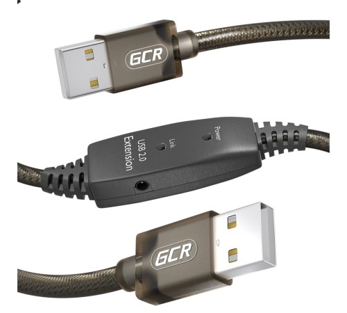 GCR Кабель активный 15.0m USB 2.0, AM/AM, черно-прозрачный, с усилителем сигнала, разъём для доп.питания, 24/22 AWG