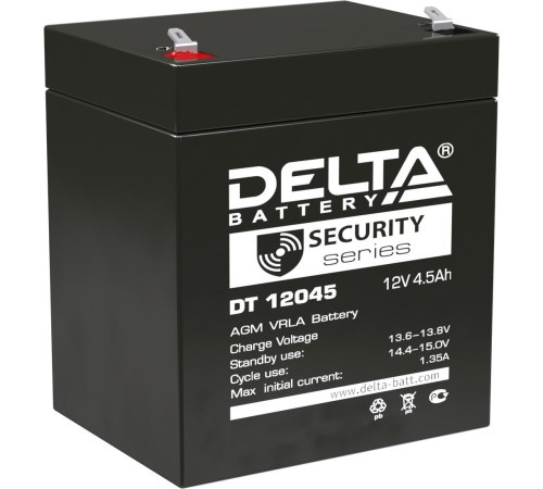 Батарея DELTA серия DT, DT 12045, напряжение 12В, емкость 4.5Ач (разряд 20 часов), макс. ток разряда (5 сек.) 67.5А, макс. ток заряда 1.35А, свинцово-кислотная типа AGM, клеммы F1, ДxШxВ 90х70х101мм., вес 1.55кг., срок службы 5 лет./ Battery DELTA series Батарея DELTA серия DT, DT 12045, напряжение 12В, емкость 4.5Ач (разряд 20 часов), макс. ток разряда (5 сек.) 67.5А, макс. ток заряда 1.35А, свинцово-кислотная типа AGM, клеммы F1, ДxШxВ 90х70х101мм., вес 1.55кг., срок службы 5 лет./ Battery DELTA series