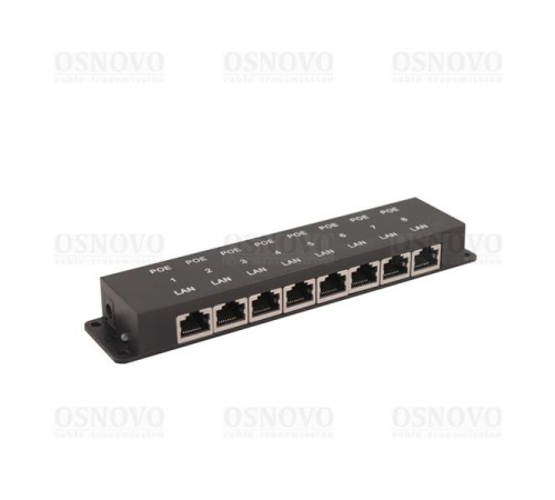 Пассивный PoE-инжектор OSNOVO Midspan-8/P Пассивный PoE-инжектор Fast Ethernet на 8 портов. Предназначен для питания оконечных сетевых устройств. Напряжение PoE - до 57V(конт. 4,5 (+), 7,8 (-)). Максимальный ток на каждый п