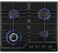 Встраиваемые газовые панели MAUNFELD/ Варочная панель, газ, 60 см, механическое управление, 4 конфорки, электроподжиг, газ-контроль, WOK-конфорка, черный
