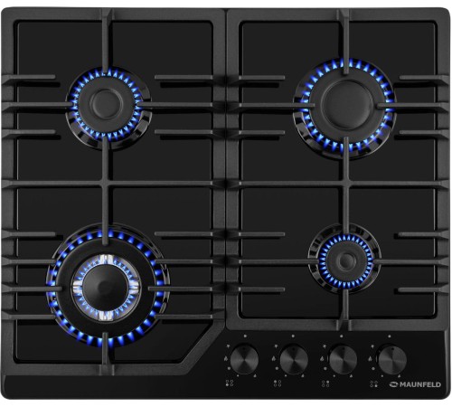 Встраиваемые газовые панели MAUNFELD/ Варочная панель, газ, 60 см, механическое управление, 4 конфорки, электроподжиг, газ-контроль, WOK-конфорка, черный