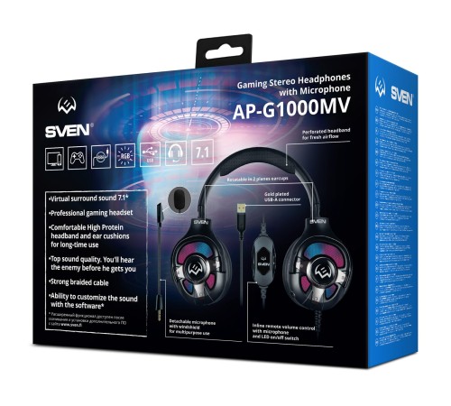 Игровые наушники с микрофоном SVEN AP-U1100MV, черный (USB, RGB, 7.1) Игровые наушники с микрофоном SVEN AP-U1100MV, черный (USB, RGB, 7.1)
