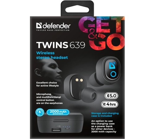 Defender Беспроводная гарнитура Twins 639 черный,TWS, PB, Bluetooth