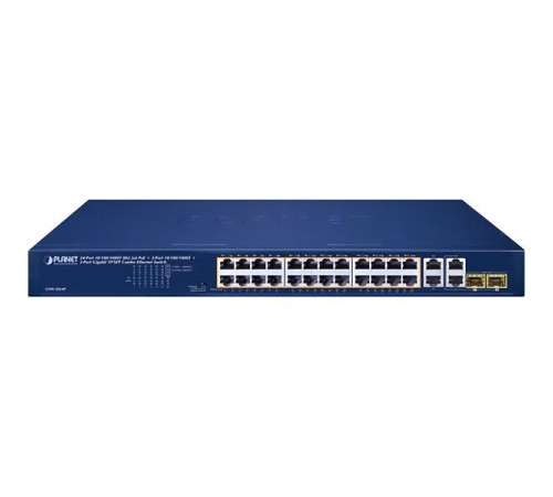 коммутатор/ PLANET GSW-2824P 24-Port 10/100/1000T 802.3at PoE + 2-Port 10/100/1000T + 2-Port Gigabit TP/SFP Combo Ethernet Switch (250W PoE Budget, Standard/VLAN/Extend mode, supports PD alive check)