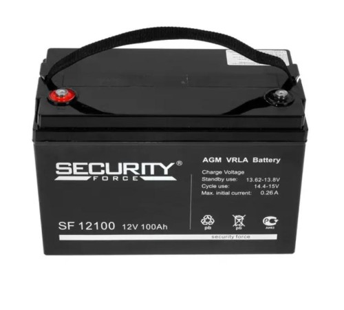 Аккумуляторная батарея/ SECURITY FORCE SF series battery, SF 12100, voltage 12V, capacity 100Ah (discharge 20 hours), max. discharge current (5 sec.) 50A, max. charging current 26A, lead-acid AGM type, M8 bolt terminals, LxWxH 330x172x216mm., weight 26.5