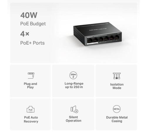 Коммутатор/ 6-Port 10/100 Mbps Desktop Switch with 4-Port PoE+ PORT: 4x10/100 Mbps PoE+ Ports, 2x10/100 Mbps Non-PoE Ports SPEC: Compatible with 802.3af/at PDs, 40 W PoE Power, Desktop Steel Case, Wall Mounting FEATURE: Extend Mode for 250m PoE Transmitti