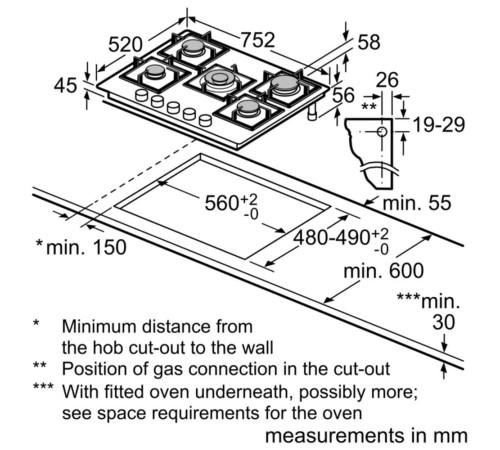 Встраиваемая газовая панель BOSCH Газовая варочная панель, 75см, закаленное стекло, черная, 5 конфорок, 1 WOK-конфорка c 2 контурами пламени, 1 конфорка повышенной мощности, FlameSelect, индивидуальные чугунные решетки, газ-контроль, автоматический электр
