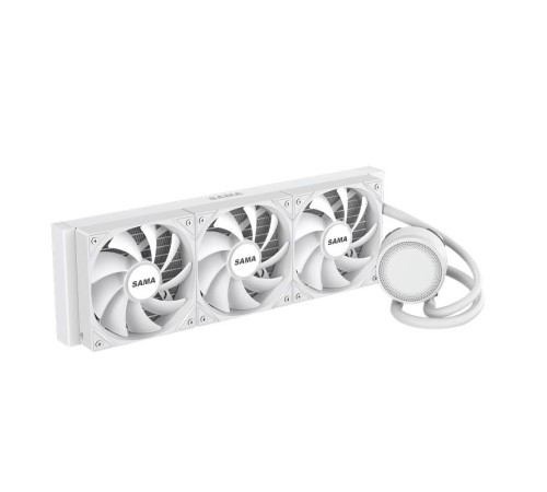 Водяное охлаждение для процессора/ Water Cooling System SAMA L60 White (360mm, White, ARGB/ Fans: 3x120mm, 82.79CFM, 29dBA, 2000RPM/ Pump height 52mm, 29dBA, 2500RPM, Rad thickness 27mm/ S: 1851, 1700, 1200, 20XX, 115X, AM5, AM4)