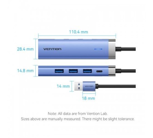 Сетевой адаптер Vention USB 3.0 M/Gigabit Ethernet RJ45+OTG хаб 3xUSB Синий - 0.15м.