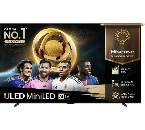 Телевизор ЖК 100'' Hisense/ 100", Ultra HD, Mini LED, Local Dimming Zone 1248, 165 Hz, Smart TV (ОС VIDAA U9), Wi-Fi, DVB-T2/T/C/S2/S, HDR 10+, Dolby Vision, Dolby Atmos, Bluetooth, 2.1.2 2*15W+20W+2*5W, CI+(1.4), 4хHDMI, 2хUSB, Works with Alexa, Ale