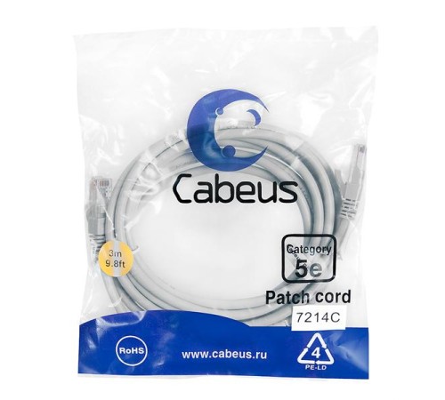 Cabeus PC-UTP-RJ45-Cat.5e-3m Патч-корд U/UTP, категория 5е, 2xRJ45/8p8c, неэкранированный, серый, PVC, 3м
