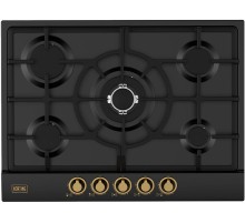 Встраиваемая варочная панель Korting/ Газ, 70см, Поворотные регуляторы, Газ-контроль, 5 высокоэффективных газовых конфорки, Чугунная подставка WOK, матовый черный, ручки золото