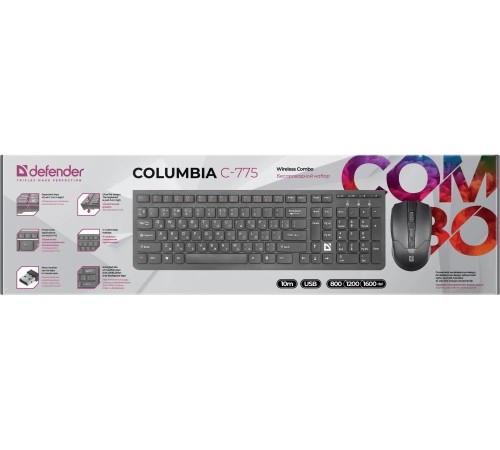 Беспроводной комплект (клав+мышь) Defender 45775 Columbia C-775 RU,черный,мультимедиа