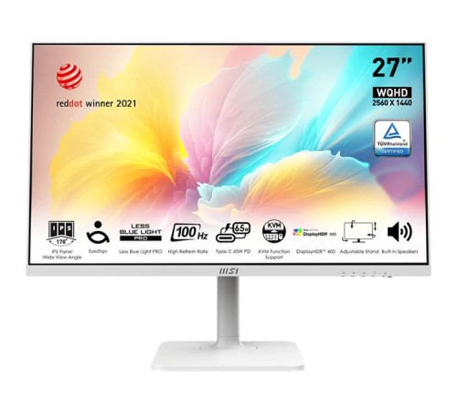 Монитор MSI Modern MD272QXPW 27" 16:9 WQHD(2560x1440) IPS Flat,1ms(MPRT),HDR 400,1000:1,100M:1,400nit,HDMI,DP,2xUSB Type-A,USB Type-B,USB Type-C,Speaker,Tilt,Swivel,Height,Pivot,100Hz,White(white cable),1y