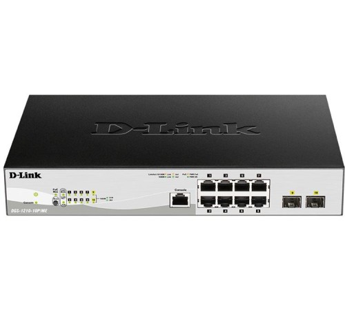 Коммутатор/ DGS-1210-10P/ME/B Managed L2 Metro Ethernet Switch 8x1000Base-T PoE, 2x1000Base-X SFP, PoE Budget 78W, Surge 6KV, CLI, RJ45 Console, Dying Gasp