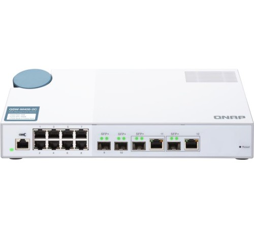 Коммутатор/ QNAP QSW-M408-2C Managed switch 10 Gb / s with 4 SFP + ports, 2 of which are combined with RJ-45, 8 1 Gb / s RJ-45 ports, bandwidth up to 96 Gb / s, JumboFrame support