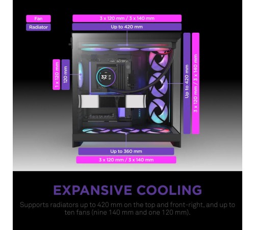 Корпус без блока питания/ Case NZXT H9 Flow RGB+ (2025), Midi-Tower, TG, 6x140mm RGB + 1x120mm RGB, 2xUSB-A 3.2 + 1xUSB-C 3.2, E-ATX, ATX, mATX, mITX Black