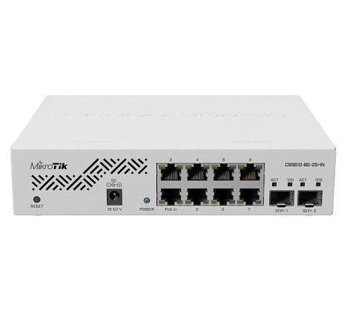 Коммутатор MikroTik Cloud Smart Switch 610-8G-2S+IN with 8 x Gigabit ports, 2 x SFP+ cages, SwOS, desktop case, PSU