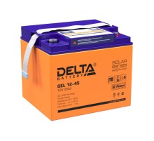 Батарея DELTA серия GEL, GEL 12-45, напряжение 12В, емкость 45Ач (разряд 20 часов),  макс. ток разряда (5 сек.) 450А, макс. ток заряда 9А, свинцово-кислотная типа AGM+GEL, клеммы под болт М6, ДxШxВ 196х166х173мм., вес 14.1кг., LCD, срок службы 10-12 лет./