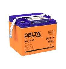 Батарея DELTA серия GEL, GEL 12-45, напряжение 12В, емкость 45Ач (разряд 20 часов),  макс. ток разряда (5 сек.) 450А, макс. ток заряда 9А, свинцово-кислотная типа AGM+GEL, клеммы под болт М6, ДxШxВ 196х166х173мм., вес 14.1кг., LCD, срок службы 10-12 лет./