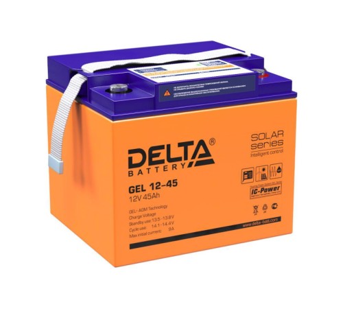 Батарея DELTA серия GEL, GEL 12-45, напряжение 12В, емкость 45Ач (разряд 20 часов),  макс. ток разряда (5 сек.) 450А, макс. ток заряда 9А, свинцово-кислотная типа AGM+GEL, клеммы под болт М6, ДxШxВ 196х166х173мм., вес 14.1кг., LCD, срок службы 10-12 лет./