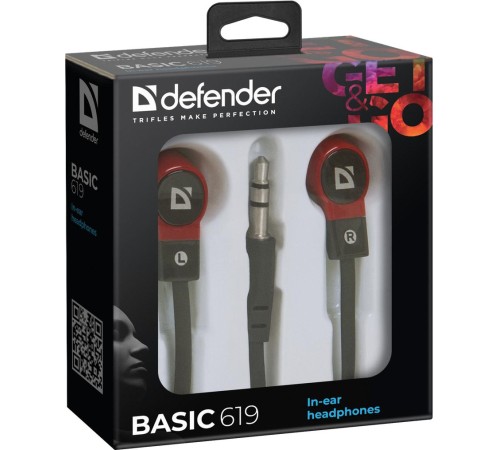 Defender Наушники вставки Basic 619 черный + красный