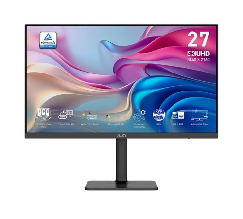 Монитор MSI Modern MD272UPHG 27" 16:9 UHD(3840x2160) IPS Flat,4ms(GTG),HDR 400,1000:1,100M:1,400nit,178/178,2xHDMI,DP,USB Type-C,Speaker,Tilt,Swivel,Height,Pivot,60Hz,Black,1y war-ty