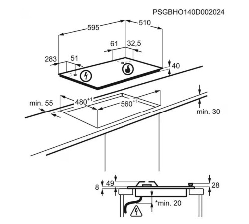 Встраиваемые газовые панели ELECTROLUX/ Газовая варочная поверхность -нержавеющая сталь, мощность: 8550 Вт, WOK-конфорка, автоматический электроподжиг, газ-контроль, решетки: чугун, независимая установка, размеры (ШхГ): 59.5x51 см