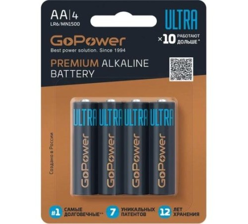 Батарейка/ Батарейка GoPower ULTRA LR6 AA BL4 Alkaline 1.5V (4/40/480) (4 шт.) Батарейка/ Батарейка GoPower ULTRA LR6 AA BL4 Alkaline 1.5V (4/40/480) (4 шт.)