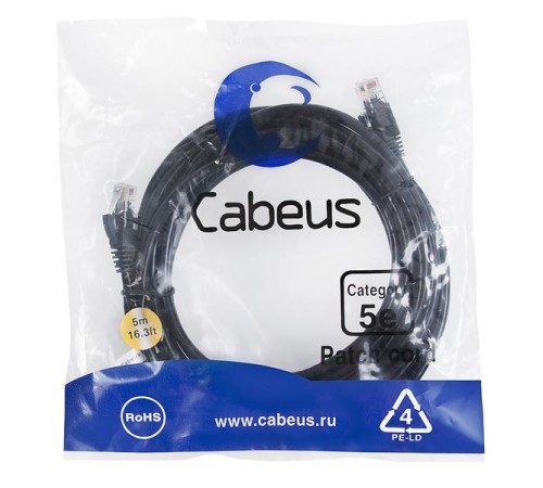 Патч-корд U/UTP Cabeus PC-UTP-RJ45-Cat.5e-5m-BK-LSZH Патч-корд U/UTP, категория 5е, 2xRJ45/8p8c, неэкранированный, черный, LSZH, 5м