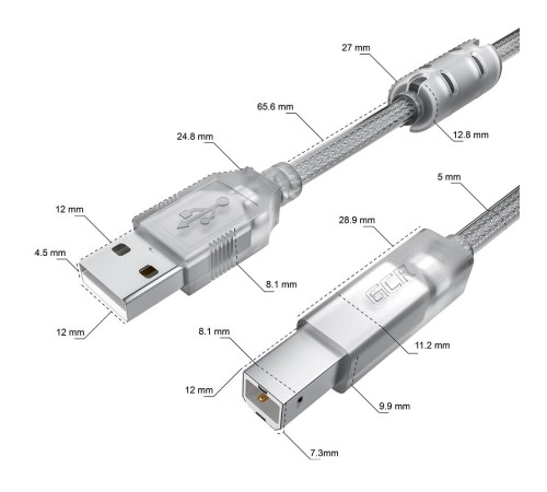 GCR Кабель PROF 1.5m USB 2.0, AM/BM, прозрачный, ферритовые кольца, 28/24 AWG, экран, армированный, морозостойкий, GCR-52422