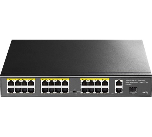 Коммутатор/ 24-Port 10/100M PSE RJ-45 +2 Gigabit RJ- 45 +1SFP Port with 24 POE Ports Switch with Built-in power supply, support 16-port IEEE 802.3at PoE+ Injector, Rack-mountable Steel case, 300W Internal