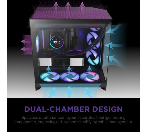 Корпус без блока питания/ Case NZXT H9 Flow RGB (2025), Midi-Tower, TG, 3x140mm RGB + 1x120mm, 2xUSB-A 3.2 + 1xUSB-C 3.2, E-ATX, ATX, mATX, mITX Black
