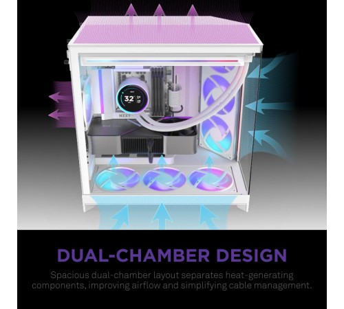 Корпус без блока питания/ Case NZXT H9 Flow RGB (2025), Midi-Tower, TG, 3x140mm RGB + 1x120mm, 2xUSB-A 3.2 + 1xUSB-C 3.2, E-ATX, ATX, mATX, mITX White