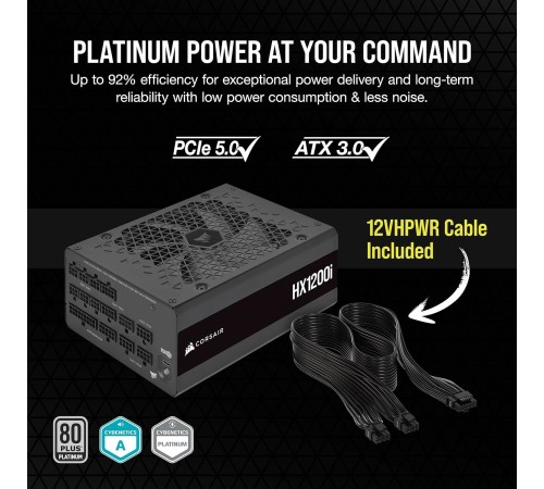 Блоки питания/ Power Supply Corsair HX1200i, Model RPS0202, 1200W 80+ Platinum (ATX, 3.0, PCIe 5.0, Full modular, 1x24(20+4)pin, 1x12+4-pin PCIe, 2x4+4-pin CPU +12V (EPS), 8x4-pin Molex, 4x6+2-pin PCIe, 8xSATA3, 1xUSB Type-C, Active, 140x140mm, 150x200x86 Блоки питания/ Power Supply Corsair HX1200i, Model RPS0202, 1200W 80+ Platinum (ATX, 3.0, PCIe 5.0, Full modular, 1x24(20+4)pin, 1x12+4-pin PCIe, 2x4+4-pin CPU +12V (EPS), 8x4-pin Molex, 4x6+2-pin PCIe, 8xSATA3, 1xUSB Type-C, Active, 140x140mm, 150x200x86
