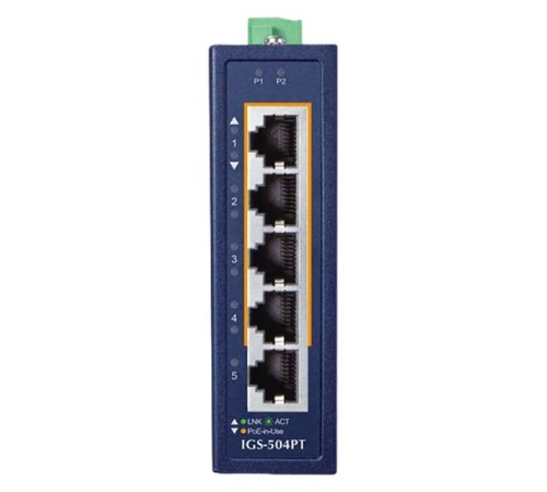 коммутатор/ PLANET IGS-504PT IP30 Compact size 4-Port 10/100/1000T 802.3at PoE + 1-Port 10/100/1000T Gigabit Ethernet Switch (-40~75 degrees C, dual 48~54V DC)