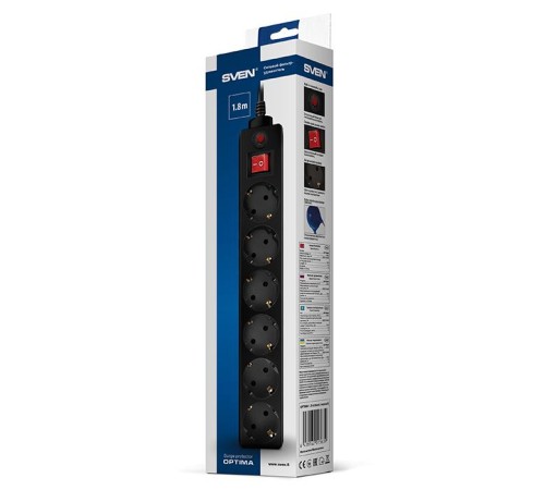 Фильтр SVEN Optima 3 м (6 розеток) черный, цветная коробка/ Surge Protector SVEN Optima 3 m (6 outlets) black, color box Фильтр SVEN Optima 3 м (6 розеток) черный, цветная коробка/ Surge Protector SVEN Optima 3 m (6 outlets) black, color box