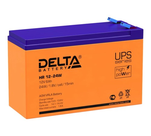 Батарея DELTA серия HR-W, HR 12-24 W, напряжение 12В, емкость 6Ач (разряд 20 часов), макс. ток разряда (5 сек.) 90А, макс. ток заряда 1.8А, свинцово-кислотная типа AGM, клеммы F2, ДxШxВ 151х52х94мм., вес 2.18кг., срок службы 8 лет./ Battery DELTA series Батарея DELTA серия HR-W, HR 12-24 W, напряжение 12В, емкость 6Ач (разряд 20 часов), макс. ток разряда (5 сек.) 90А, макс. ток заряда 1.8А, свинцово-кислотная типа AGM, клеммы F2, ДxШxВ 151х52х94мм., вес 2.18кг., срок службы 8 лет./ Battery DELTA series