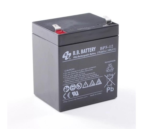 Батарея B.B. Battery серия BP, BP5-12, напряжение 12В, емкость 5Ач (разряд 20 часов), макс. ток разряда (5 сек.) 75А, макс. ток заряда 1.5A, свинцово-кислотная типа AGM, клеммы T2, ДxШxВ 90x70x106мм., вес 1.8кг., срок службы 10 лет/ B.B. Battery series BP Батарея B.B. Battery серия BP, BP5-12, напряжение 12В, емкость 5Ач (разряд 20 часов), макс. ток разряда (5 сек.) 75А, макс. ток заряда 1.5A, свинцово-кислотная типа AGM, клеммы T2, ДxШxВ 90x70x106мм., вес 1.8кг., срок службы 10 лет/ B.B. Battery series BP
