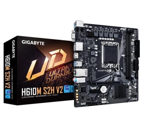 Материнская плата GIGABYTE H610M S2H, LGA1700, H610, 2*DDR5, 4*SATA, 1*M.2, 2*USB 3.2, 4*USB 2.0, 1*PCIx16, 1*PCIx1, D-Sub+HDMI+2*DP, mATX