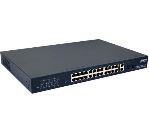 Коммутатор/ OSNOVO PoE коммутатор 24 x 10/100 Base-T PoE, 2 x GE Combo Uplink (RJ45 + SFP), PoE на порт - до 30W, суммарно PoE до 385W