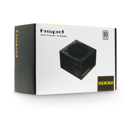 Блок питания/ Power Supply HSPD, 500W 80+ White (ATX, 2.52, Non-modular, 1x24(20+4)pin 500mm, 1xCPU 8(4+4)pin 550mm, 1xPCIe*2 8(6+2)pin 500+150mm, 2xSATA*3 400+150+150mm, 1xMOLEX4pin*3 400+150+150mm , Active, 120x120mm, 150x140x86mm, APFC, OVP, UVP, SCP,